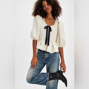 Free People Cream Blouse with Black Bow